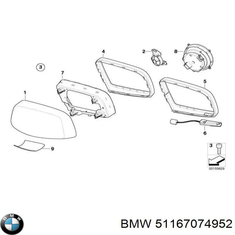 51167074952 BMW зеркальный элемент зеркала заднего вида правого