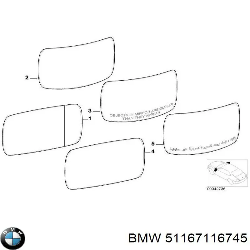 Купить 51167116745 BMW Стекло зеркала заднего вида, левого