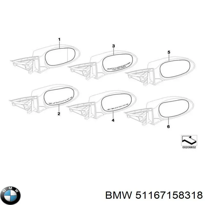 51167158318 BMW Зеркальный элемент правого зеркала заднего вида