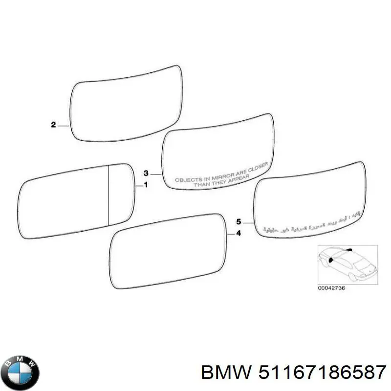 Купить 51167186587 BMW Стекло зеркала заднего вида, левого