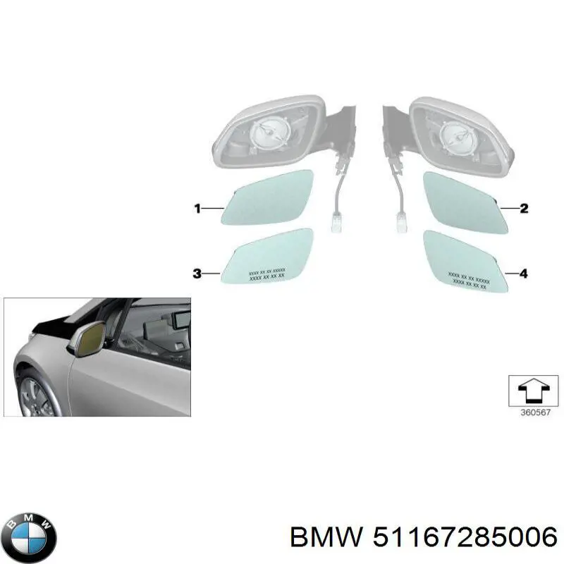 Зеркальный элемент зеркала заднего вида правого BMW 51167285006