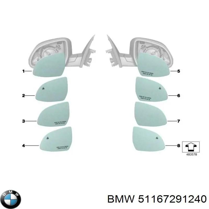 Стекло правого зеркала заднего вида 51167291240 BMW