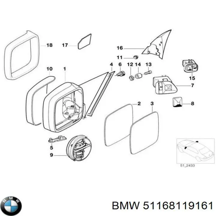 Зеркальный элемент водительского зеркала BMW 51168119161 цена, от 9.26 USD
