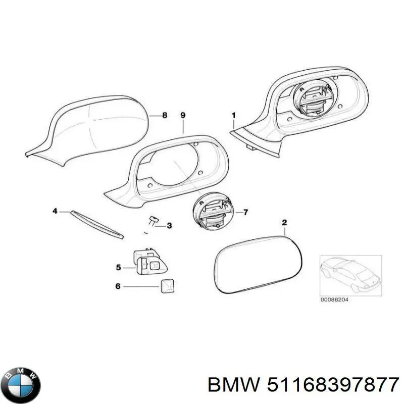 51168397877 BMW Зеркальный элемент левого зеркала заднего вида
