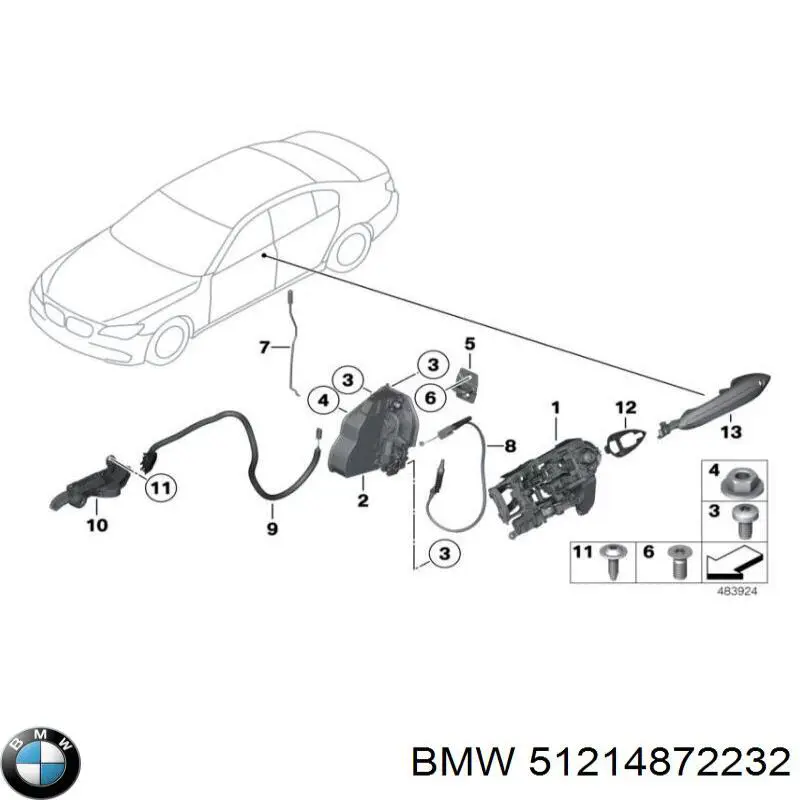 Cabo (pedal) de abertura do fecho da porta dianteira para BMW 7 (F01, F02, F03, F04)