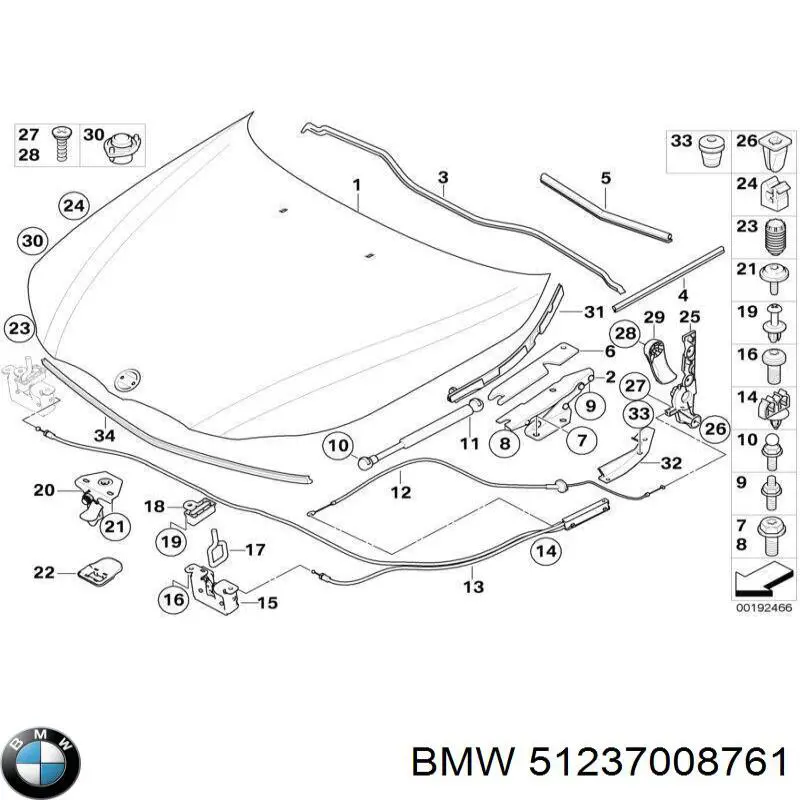 Трос открывания капота задний 51237008761 BMW