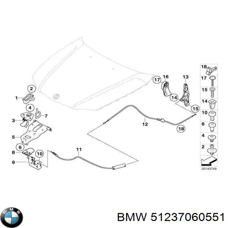 Трос открывания капота передний 51237060551 BMW