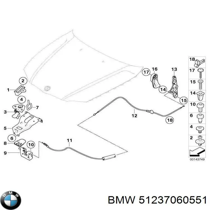 Купить 51237060551 BMW Трос открывания капота передний