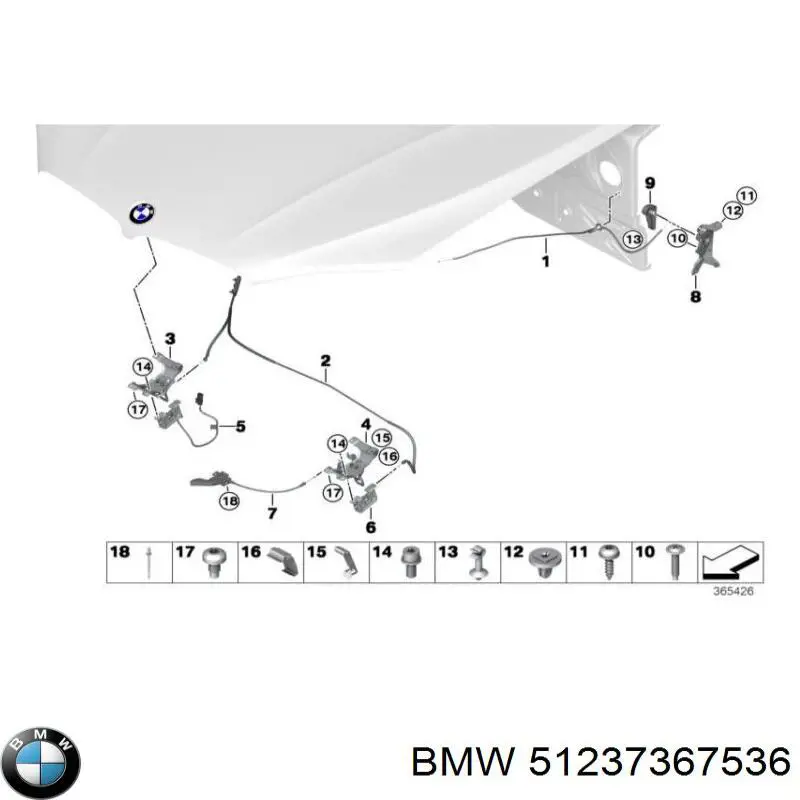 Трос открывания капота передний BMW 51237367536