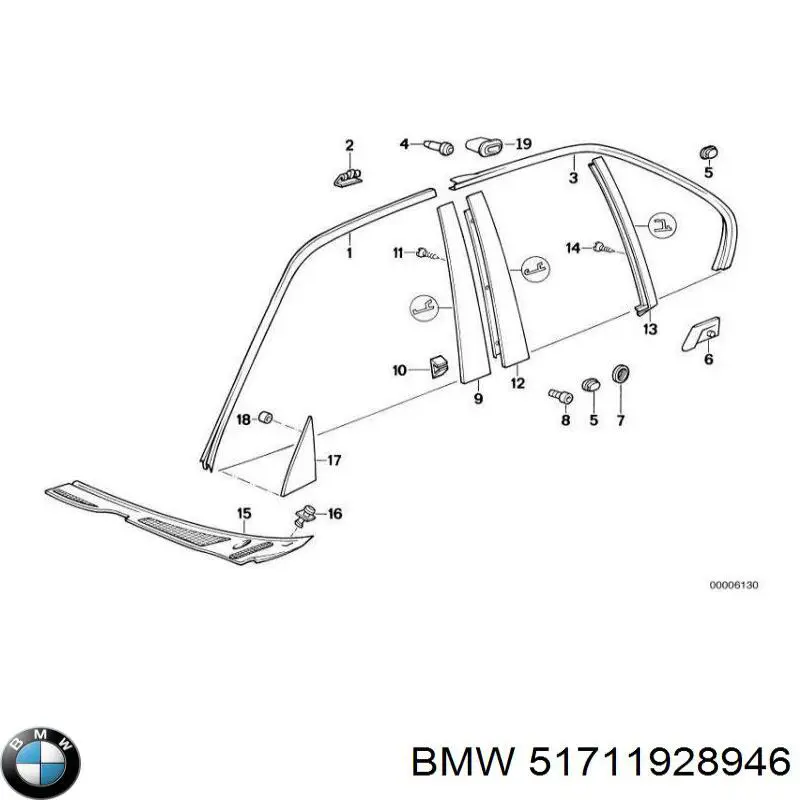 Пистон (клип) крепления молдинга лобового стекла на BMW 5 (E34) купить.