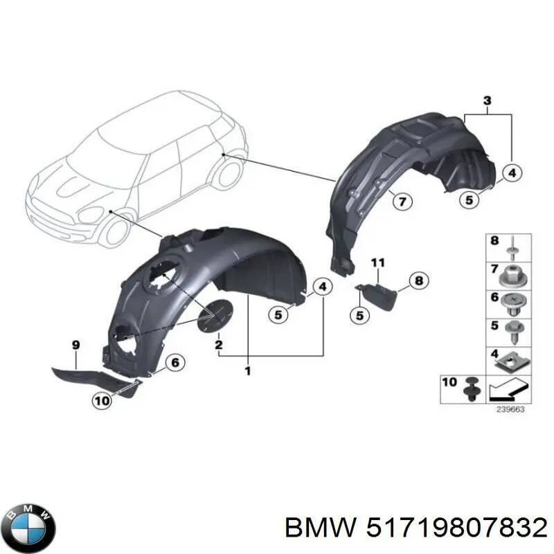 51719807832 BMW guarda-barras direito do pára-lama dianteiro