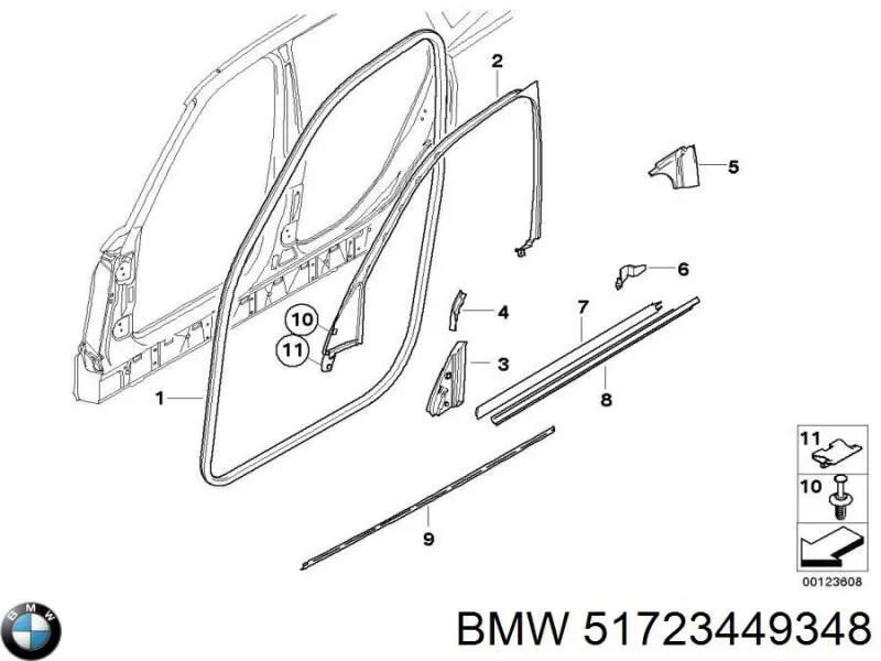 Уплотнитель двери передней левой (на кузове) 51723449348 BMW