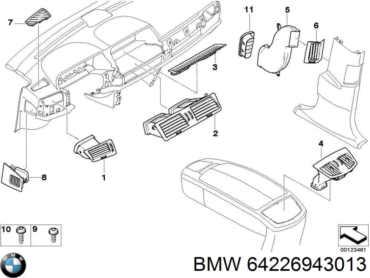 64226943020 BMW grelha de ventilação de salão no "painel de instrumentos"