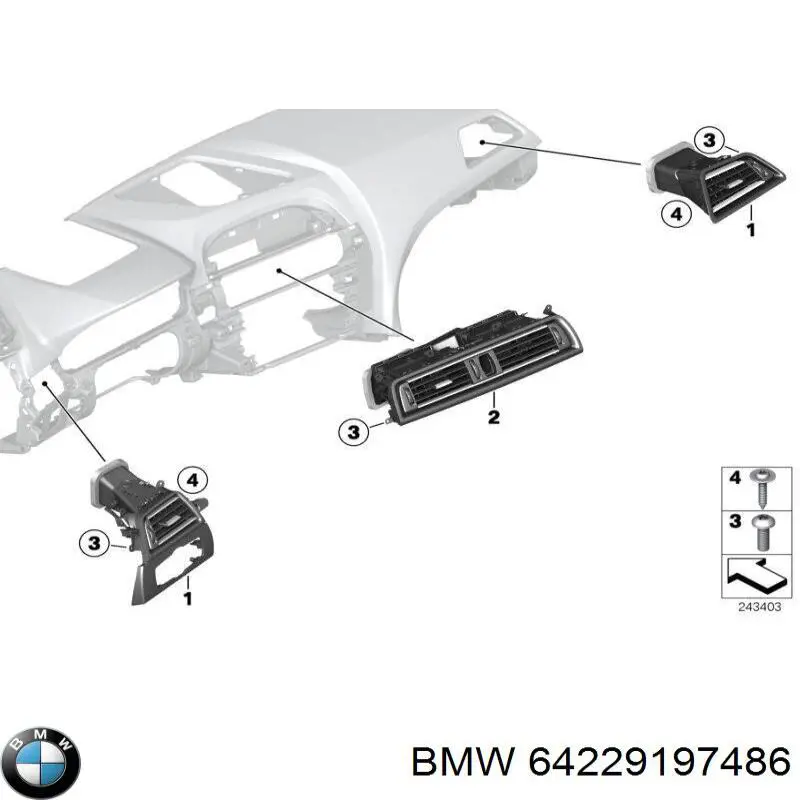 64229197486 BMW conduto de ar (distribuidor de ar para "painel de instrumentos" central)