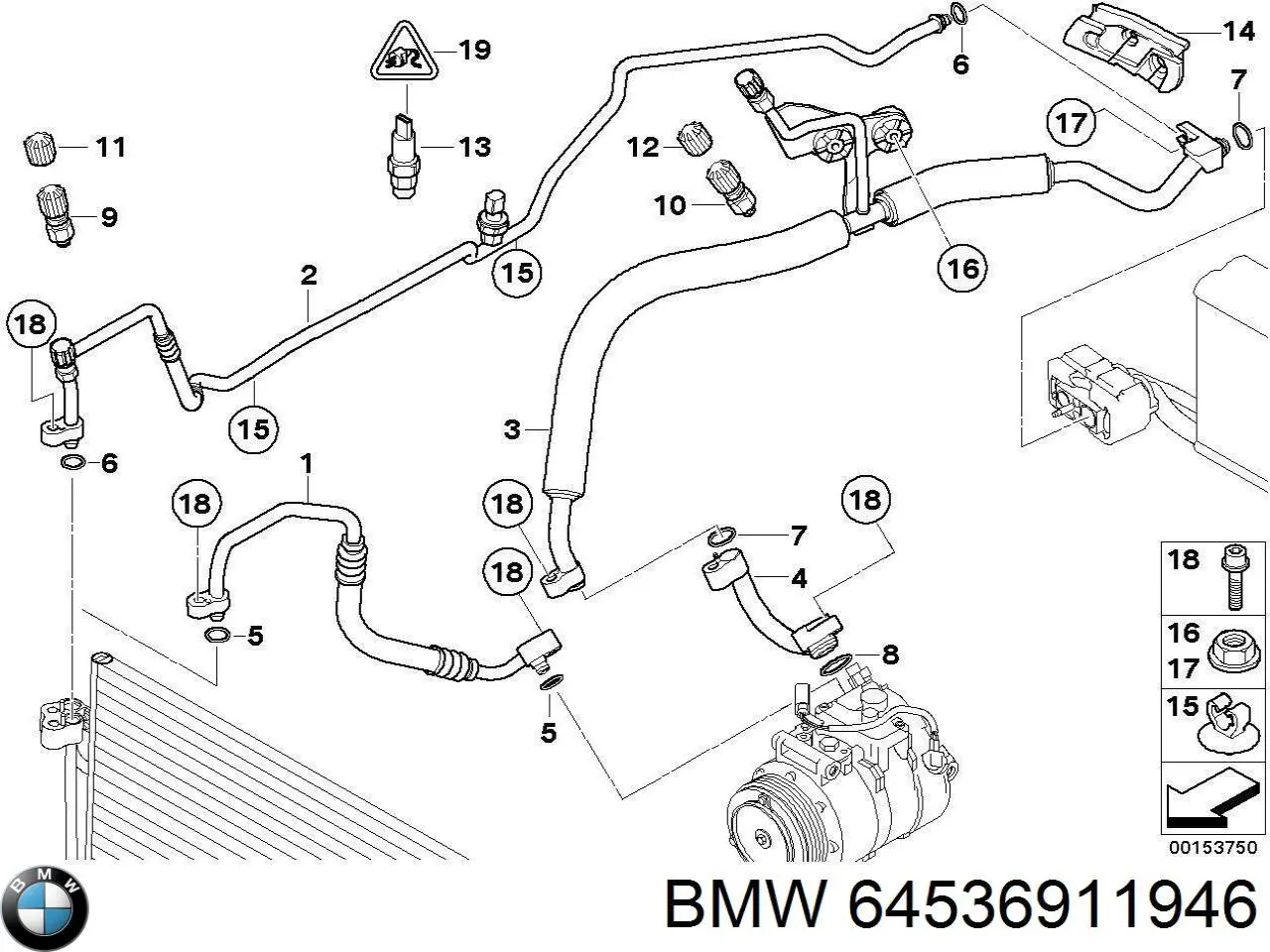 64536911946 BMW mangueira da direção hidrâulica assistida de pressão baixa, desde o tanque até a bomba