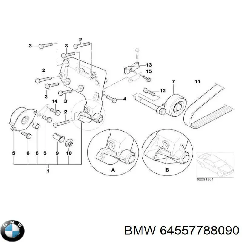 Manguito, Amortiguador vibraciones, Correa trapecial, Tensor de correa 64557788090 BMW