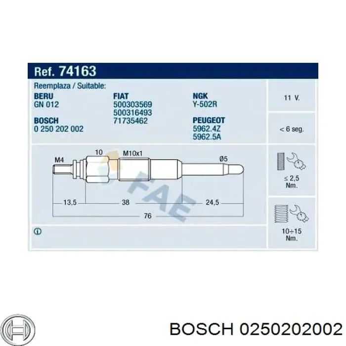 Свечи накала 0250202002 Bosch