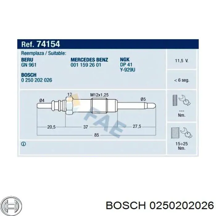 0250202026 Bosch свечи накала