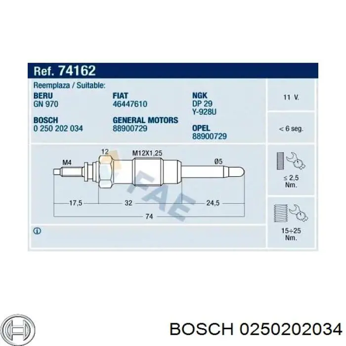 Свечи накала Bosch 0250202034 цена, от 7.36 USD