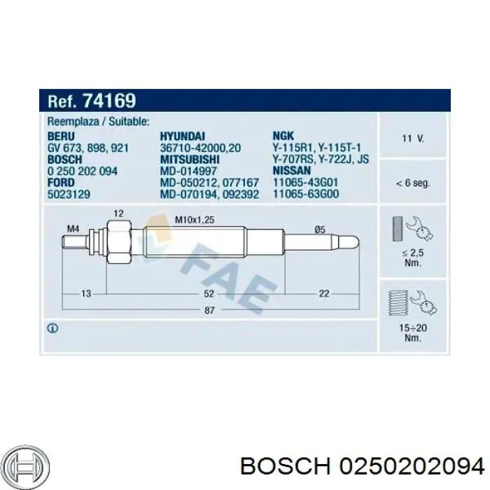 Bujía de incandescencia 0250202094 Bosch