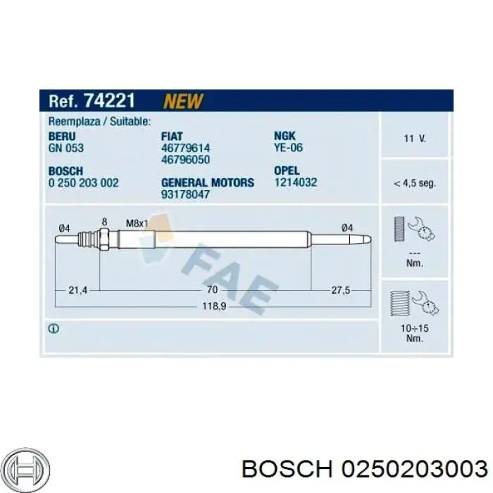 Купить 0250203003 Bosch Свечи накала
