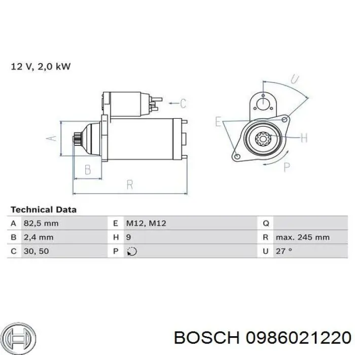 0 986 021 220 Bosch стартер