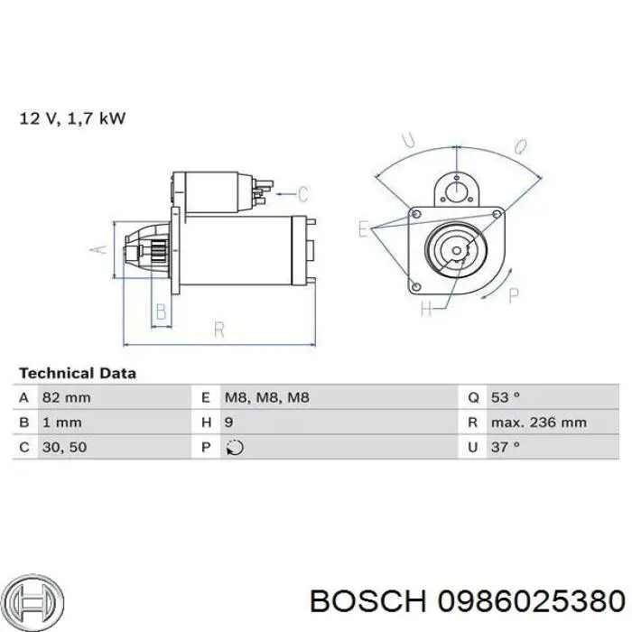 Стартер 0986025380 Bosch