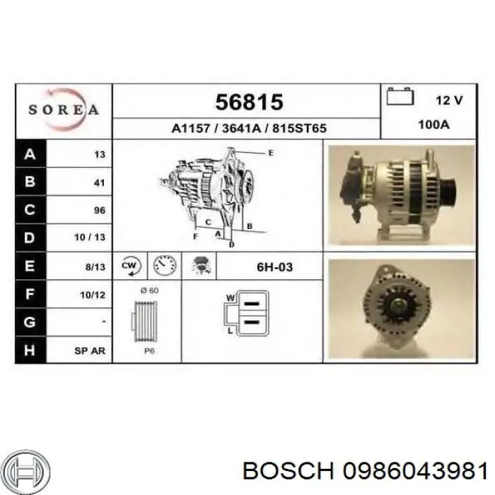 Генератор автомобиля Bosch 0986043981