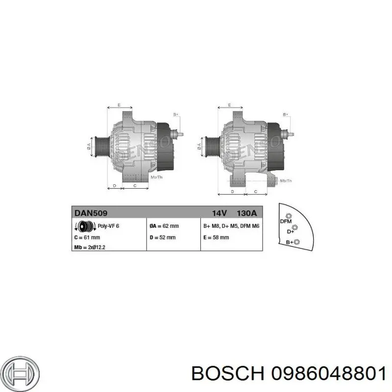 Генератор автомобиля Bosch 0986048801