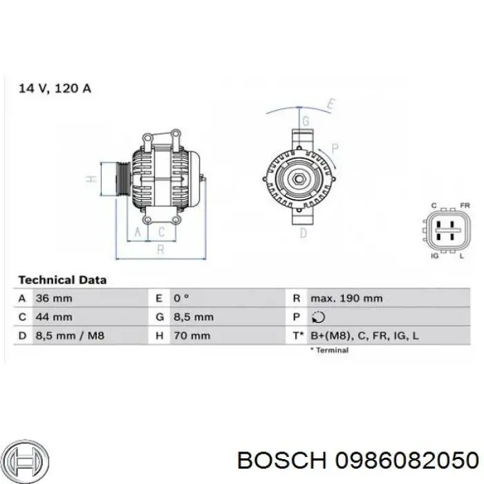 Генератор автомобиля Bosch 0986082050