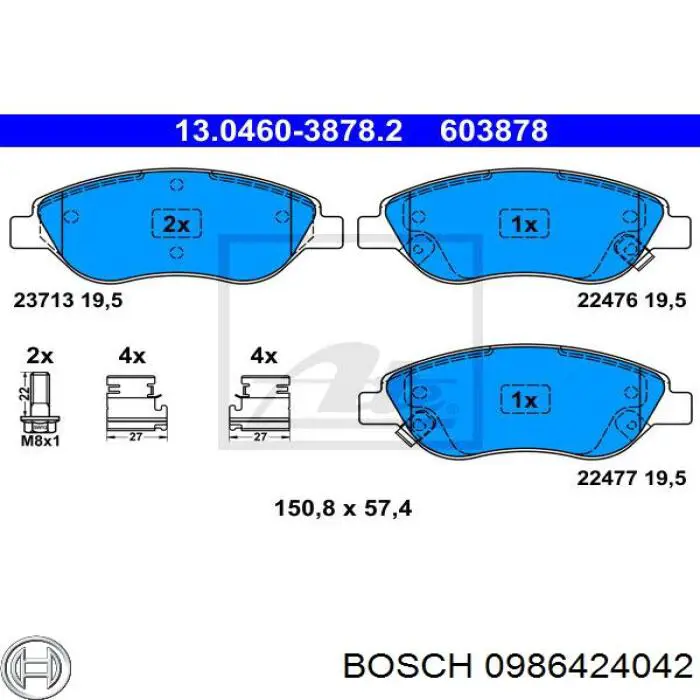 0 986 424 042 Bosch sapatas do freio dianteiras de disco