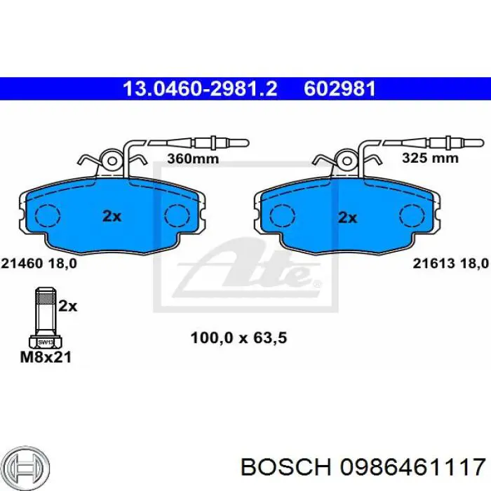 Передние тормозные колодки 0986461117 Bosch