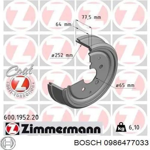 Барабан тормозной задний Bosch 0986477033 цена, от 41.24 USD