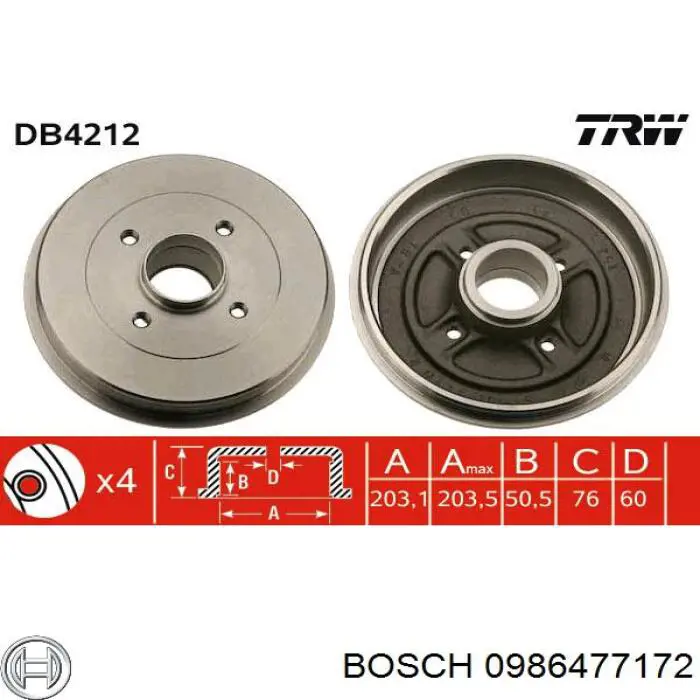 Тормозной барабан 0986477172 Bosch