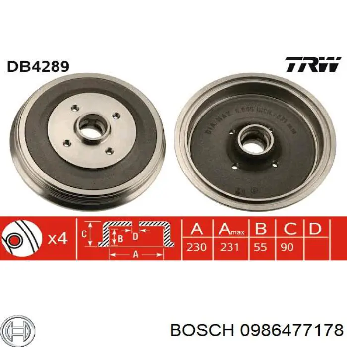 Барабан тормозной задний Bosch 0986477178 цена, от 67.60 USD