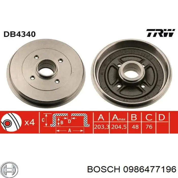 Барабан тормозной задний Bosch 0986477196 цена, от 51.24 USD