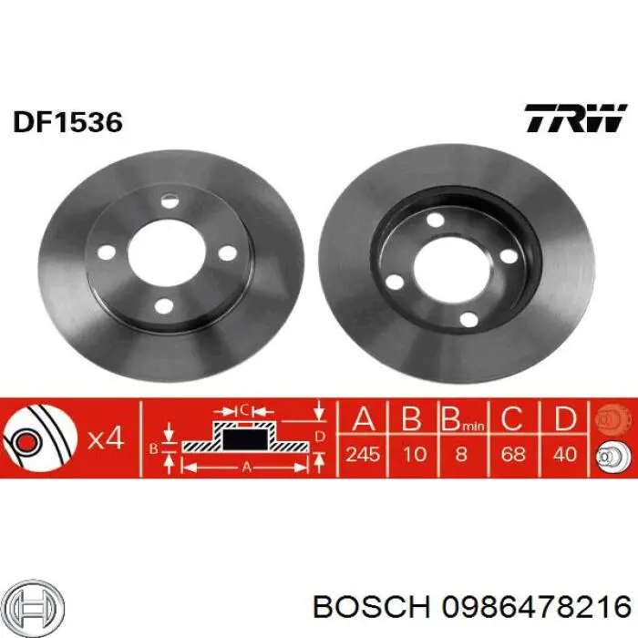 0986478216 Bosch диск тормозной задний