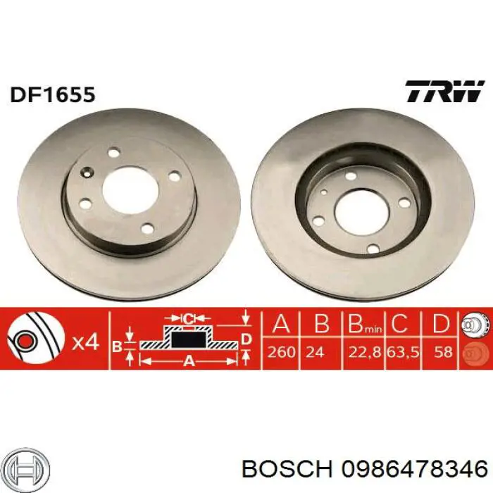 0 986 478 346 Bosch диск тормозной передний