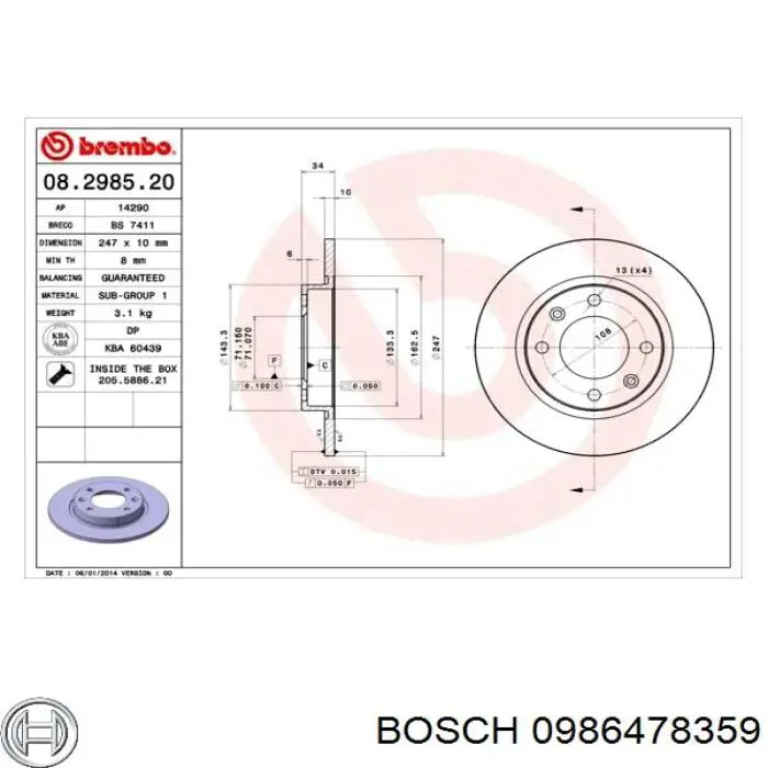 Тормозные диски 0986478359 Bosch