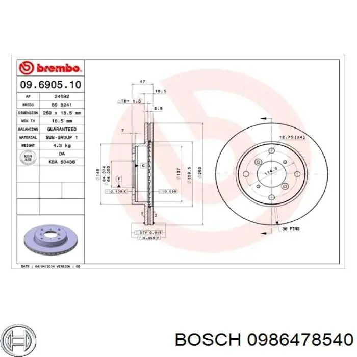 Freno de disco delantero 0986478540 Bosch