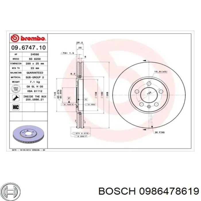 Тормоз дисковый передний Bosch 0986478619 цена, от 38.96 USD
