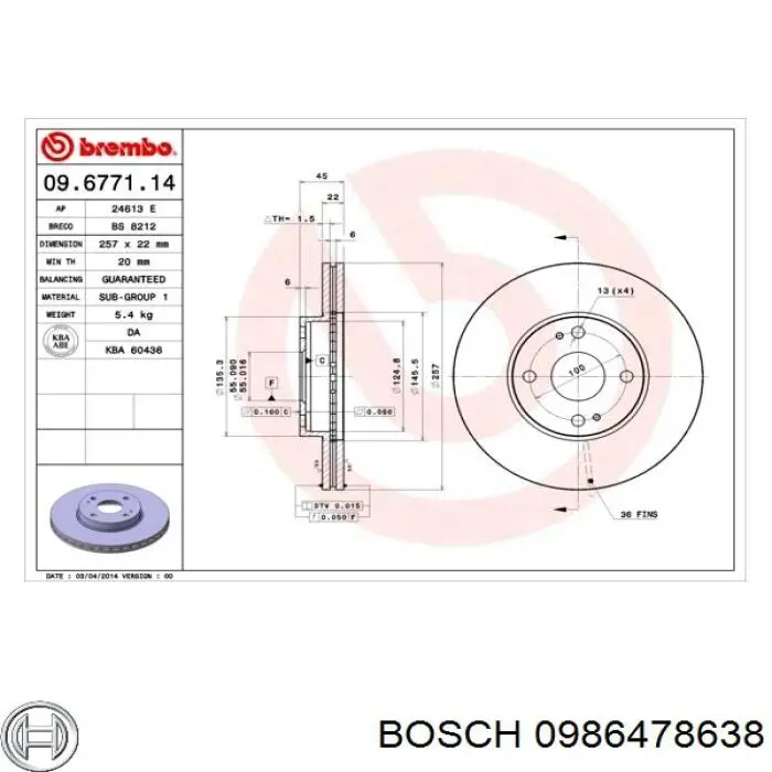 Тормоз дисковый передний Bosch 0986478638 цена, от 24.27 USD
