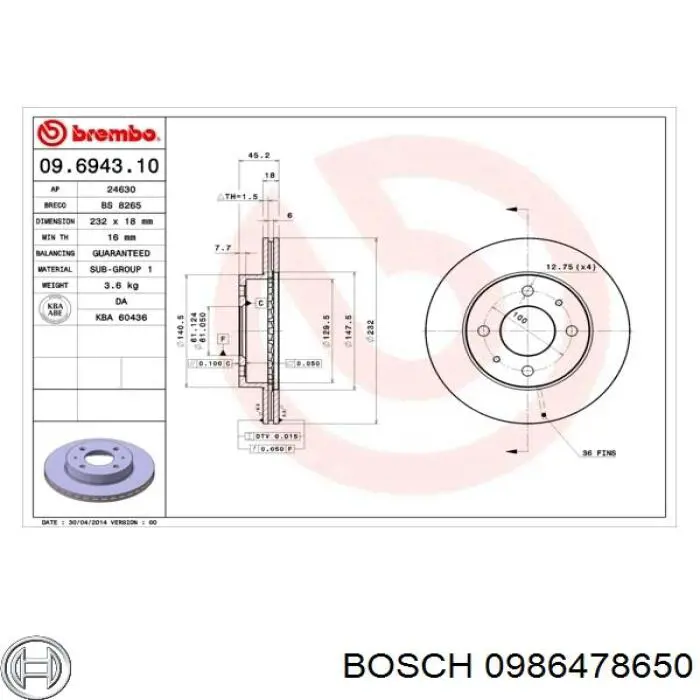 Передние тормозные диски 0986478650 Bosch