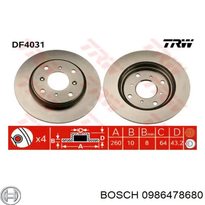 0 986 478 680 Bosch диск тормозной задний
