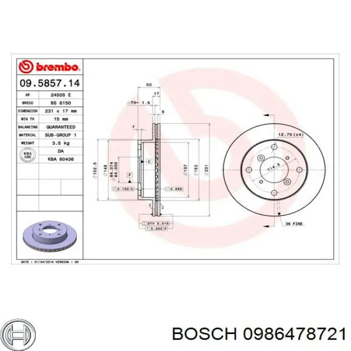 0986478721 Bosch диск тормозной передний