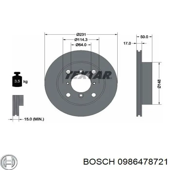 Freno de disco delantero 0986478721 Bosch