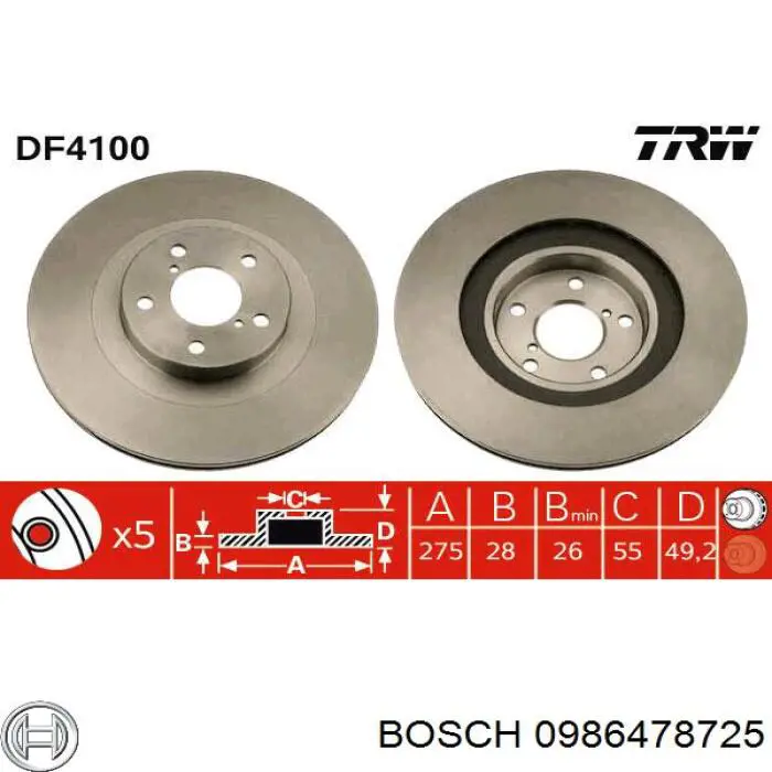 Передние тормозные диски 0986478725 Bosch