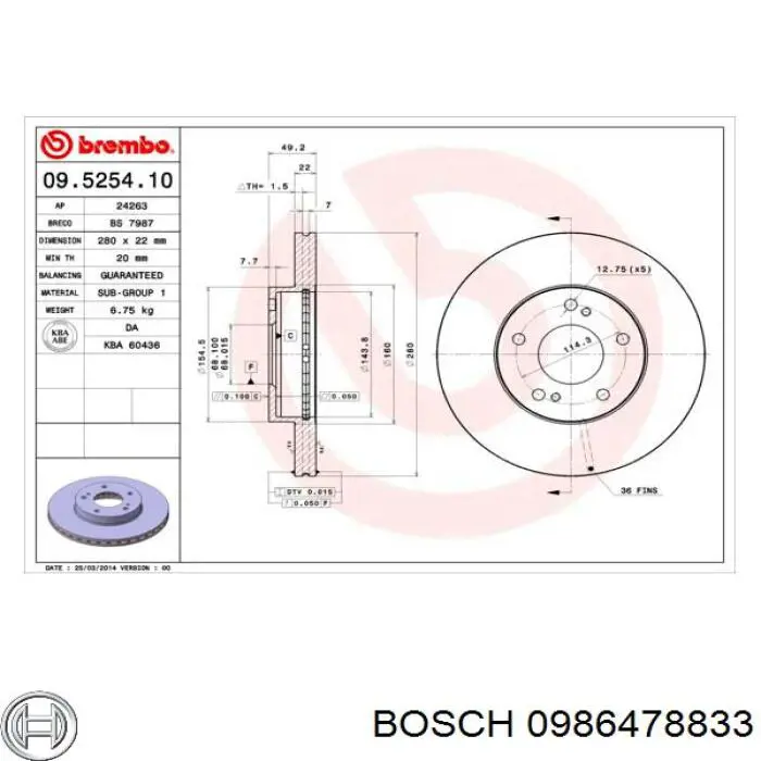 Freno de disco delantero 0986478833 Bosch