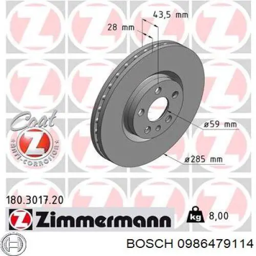 Тормоз дисковый передний Bosch 0986479114 цена, от 47.21 USD