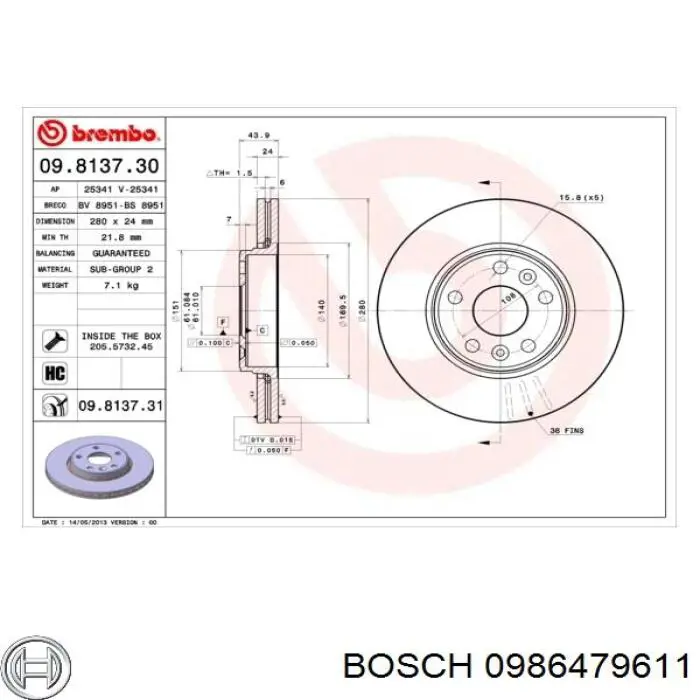 Тормоз дисковый передний Bosch 0986479611 цена, от 46.61 USD